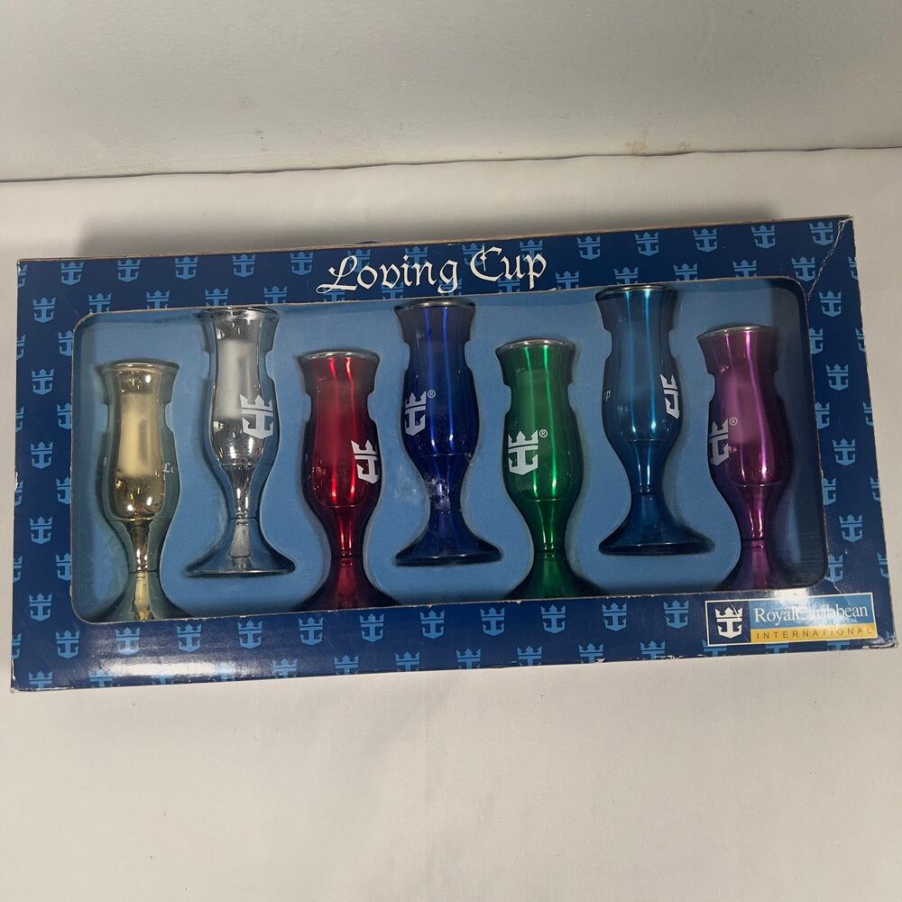 Royal Caribbean Loving Cup Cordial Shot Glasses Set 6 Metallic Cruise Souvenir